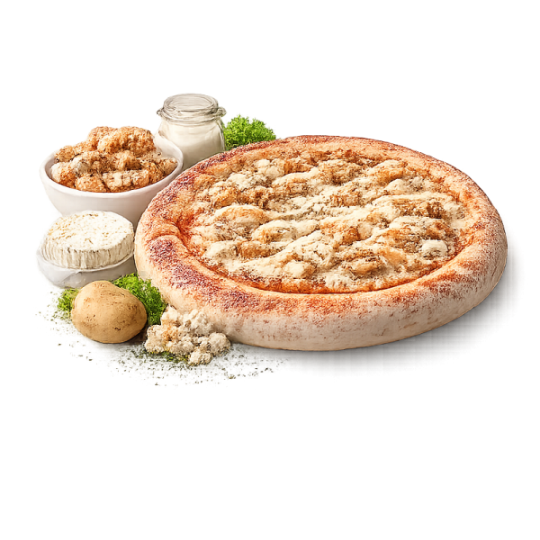 Pizza Chicken à Vervins - Crème fraîche, poulet, pommes de terre et Boursin sur pâte fraîche artisanale