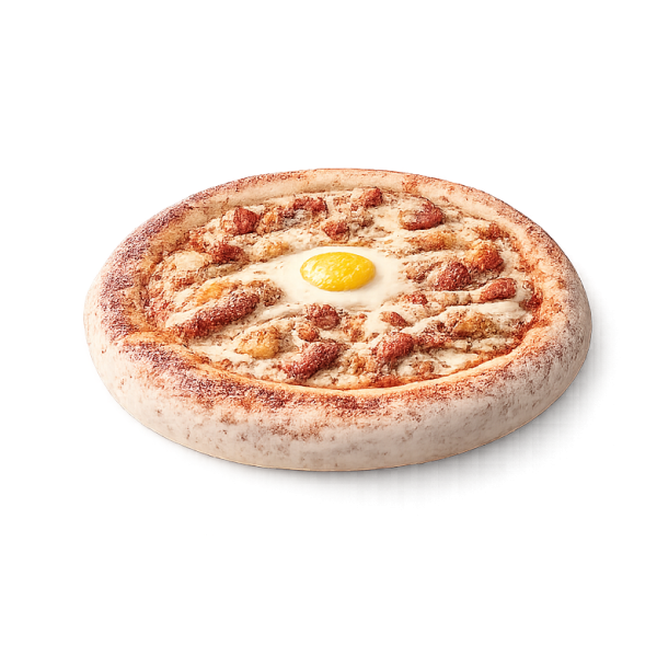Pizza Texas à Vervins - Crème fraîche, merguez, bacon et œufs sur pâte fraîche artisanale