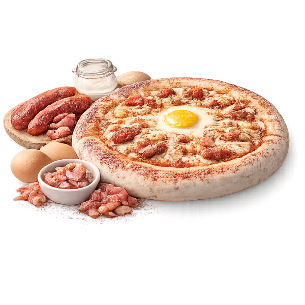 Pizza Texas à Vervins - Crème fraîche, merguez, bacon et œufs sur pâte fraîche artisanale