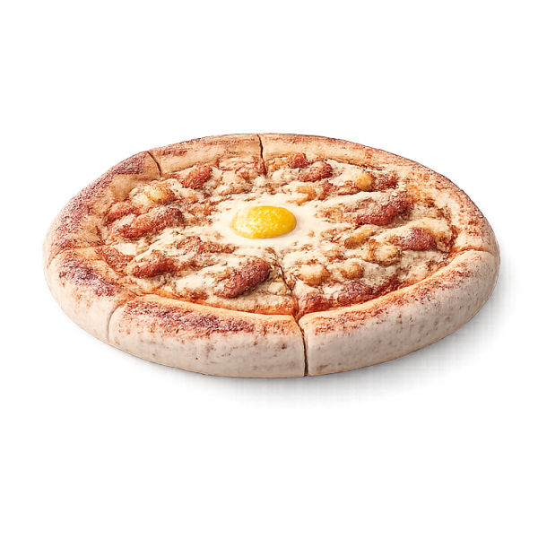 Pizza Texas à Vervins - Crème fraîche, merguez, bacon et œufs sur pâte fraîche artisanale