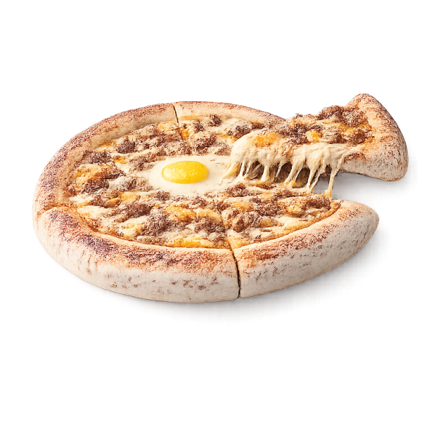 Pizza La Burger à Vervins - Crème burger, viande hachée, cheddar et œufs sur pâte fraîche artisanale