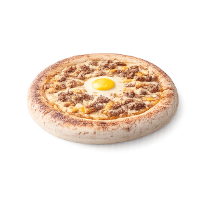Pizza La Burger à Vervins - Crème burger, viande hachée, cheddar et œufs sur pâte fraîche artisanale