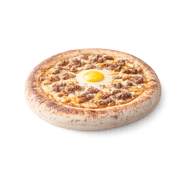 Pizza La Burger à Vervins - Crème burger, viande hachée, cheddar et œufs sur pâte fraîche artisanale