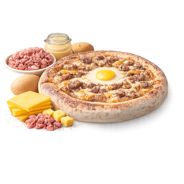 Pizza La Burger à Vervins - Crème burger, viande hachée, cheddar et œufs sur pâte fraîche artisanale