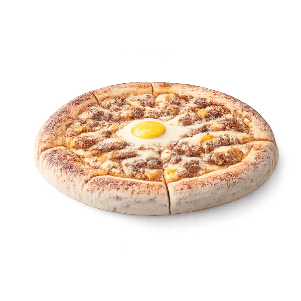 Pizza La Burger à Vervins - Crème burger, viande hachée, cheddar et œufs sur pâte fraîche artisanale